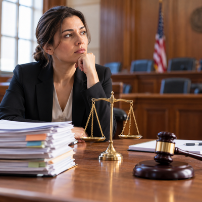 A woman reviews legal case files beside scales of justice in a courtroom.