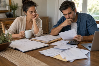 A couple reviews lawsuit funding paperwork and expenses at home.