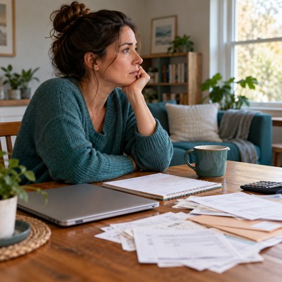 An injured adult reviews household bills at home after months away from work.