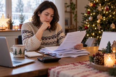 Past-due bills and a calendar beside a holiday gift on a kitchen table.